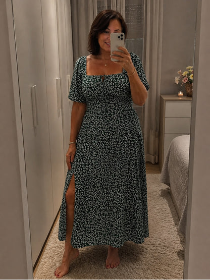 💚 Rochie Maxi Verde cu Print Floral și Crapeu Lateral — Disponibilă și în Mărimi Mari - M54