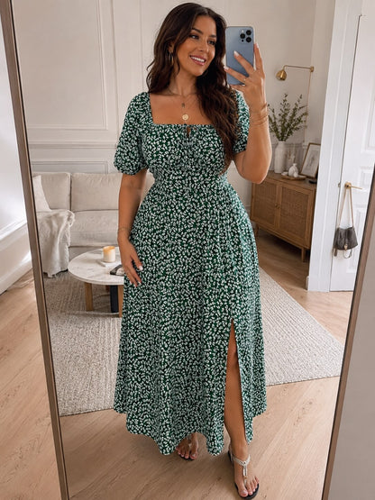 💚 Rochie Maxi Verde cu Print Floral și Crapeu Lateral — Disponibilă și în Mărimi Mari - M54