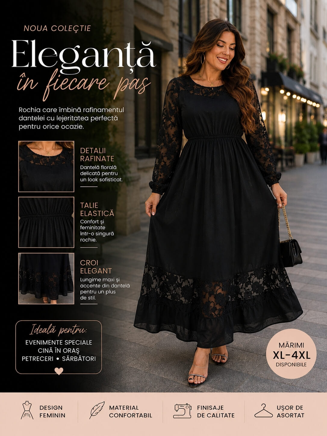 Rochie Elegantă cu Mânecă Lungă și Detalii Florale, Model 455 M31