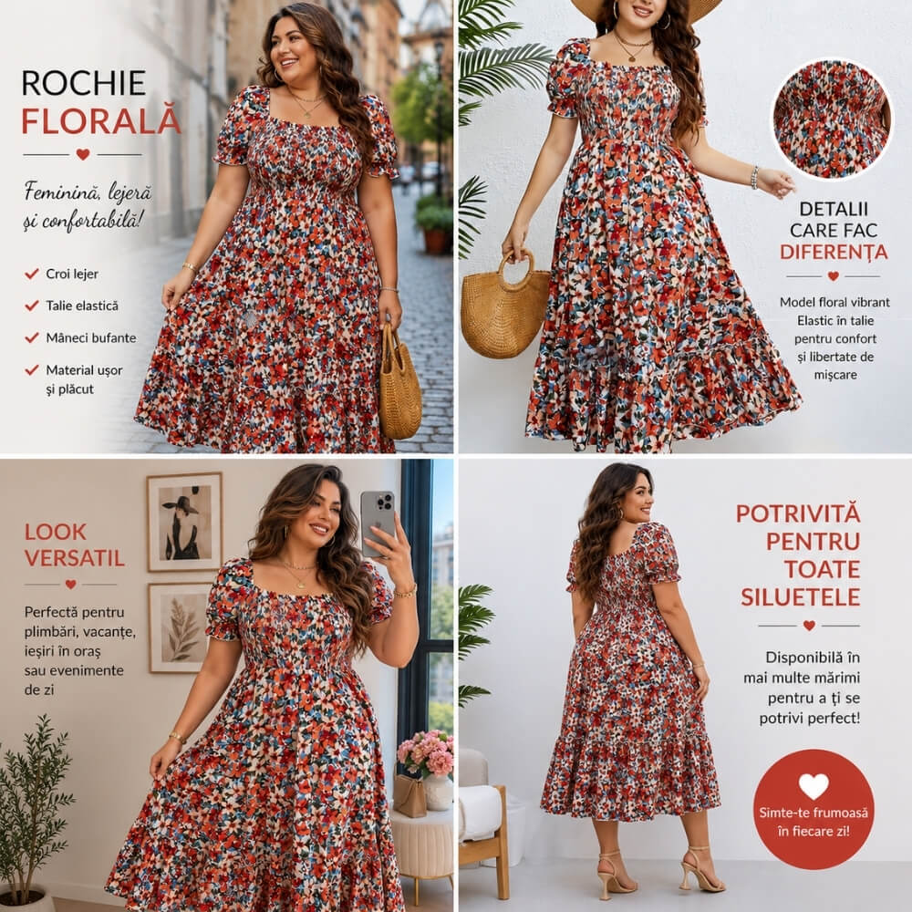 Rochie eleganta, Model floral, Maneca scurta, Peste genunchi, XL-4XL, 60-150kg, model M52