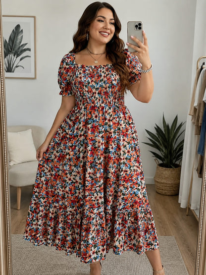 Rochie eleganta, Model floral, Maneca scurta, Peste genunchi, XL-4XL, 60-150kg, model M52