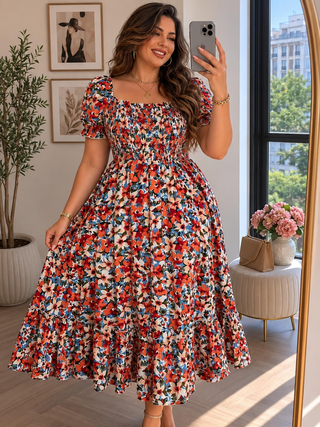 Rochie eleganta, Model floral, Maneca scurta, Peste genunchi, XL-4XL, 60-150kg, model M52